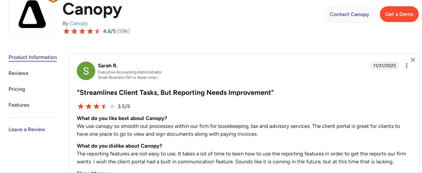 Sarah's customer review of Canopy