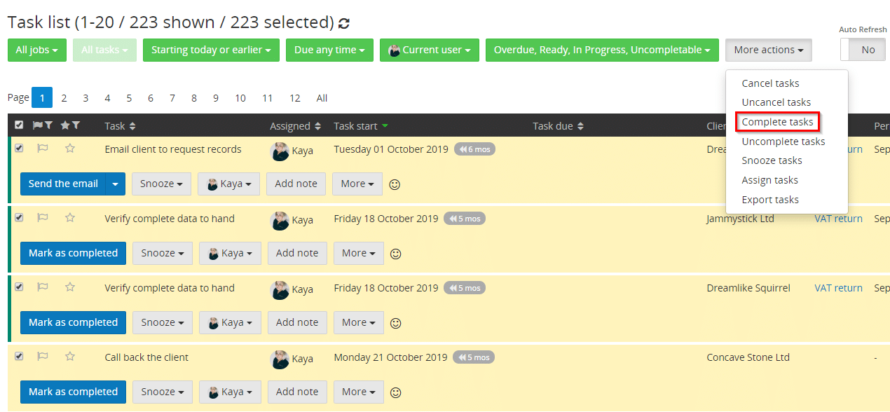 tasks list dashboard inside Senta