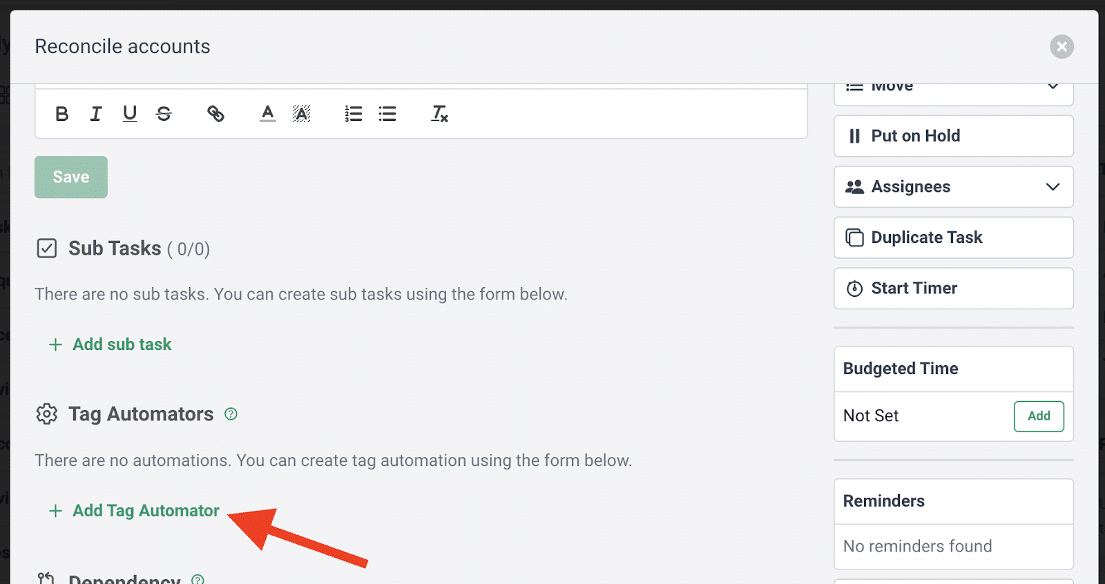tag automator feature in Financial Cents