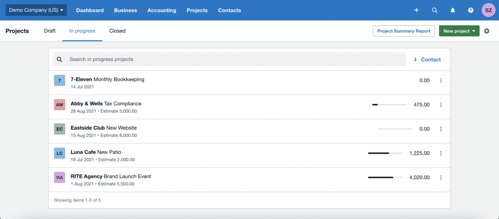xero projects dashboard