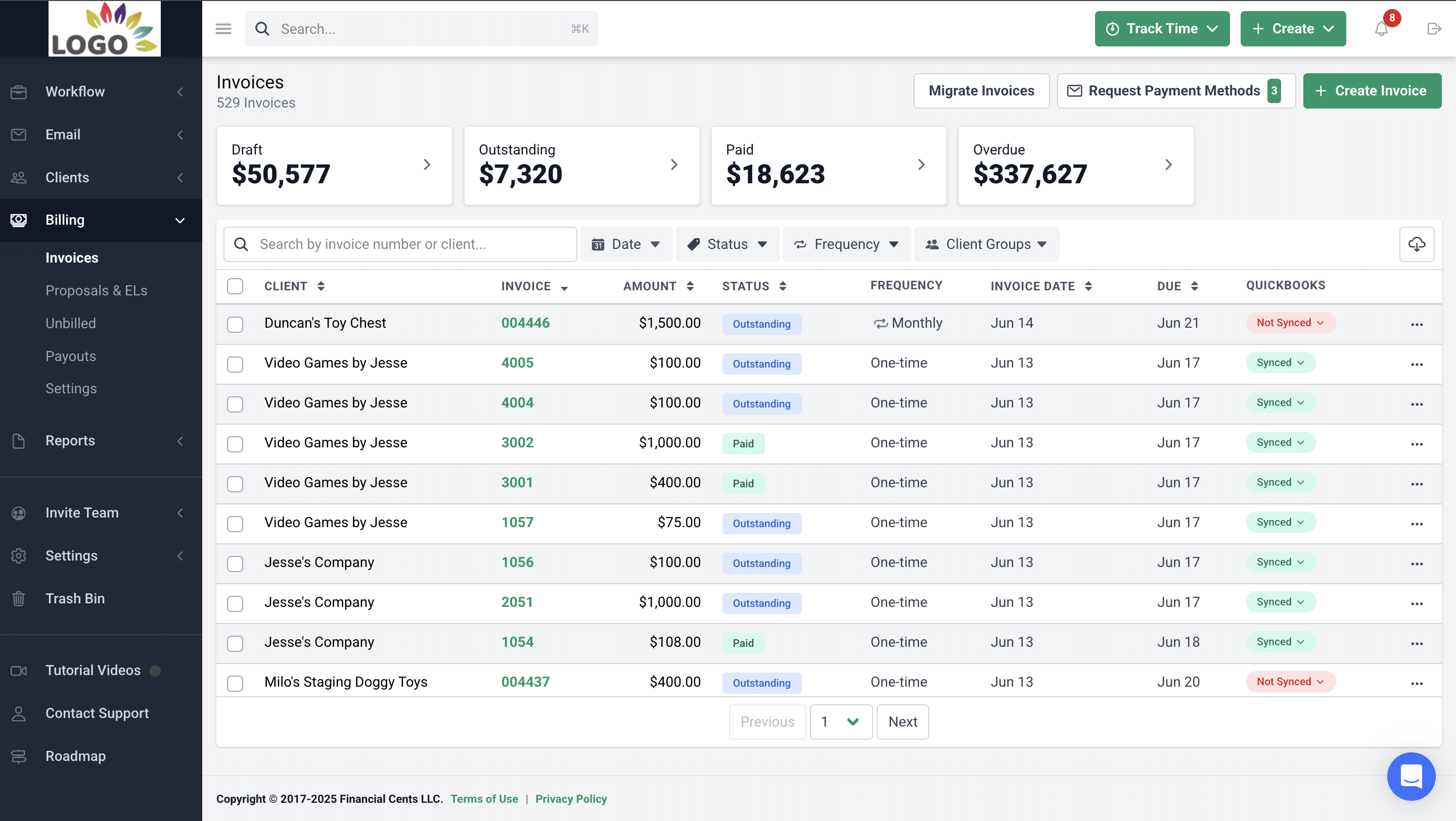 Financial invoice & billing dashboard overview