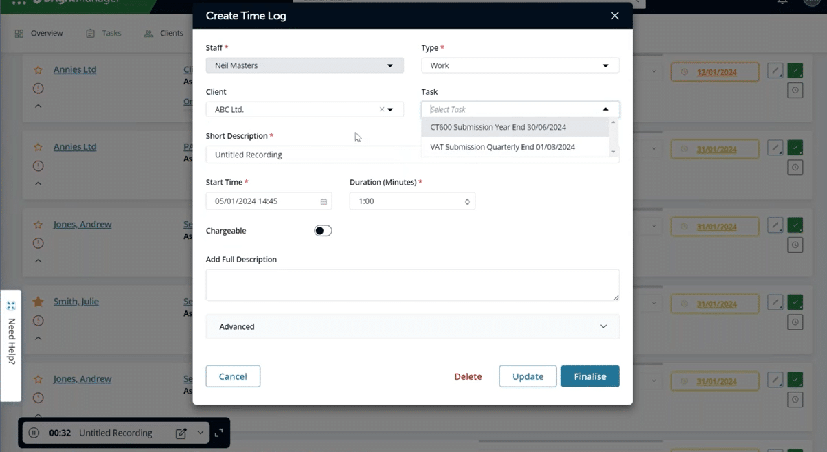 brightmanager's time tracking feature