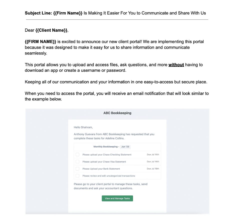 a sample email for client portal transition announcement to clients