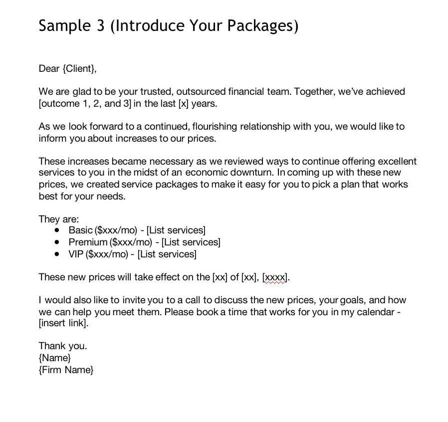 letter introducing new pricing packages to clients