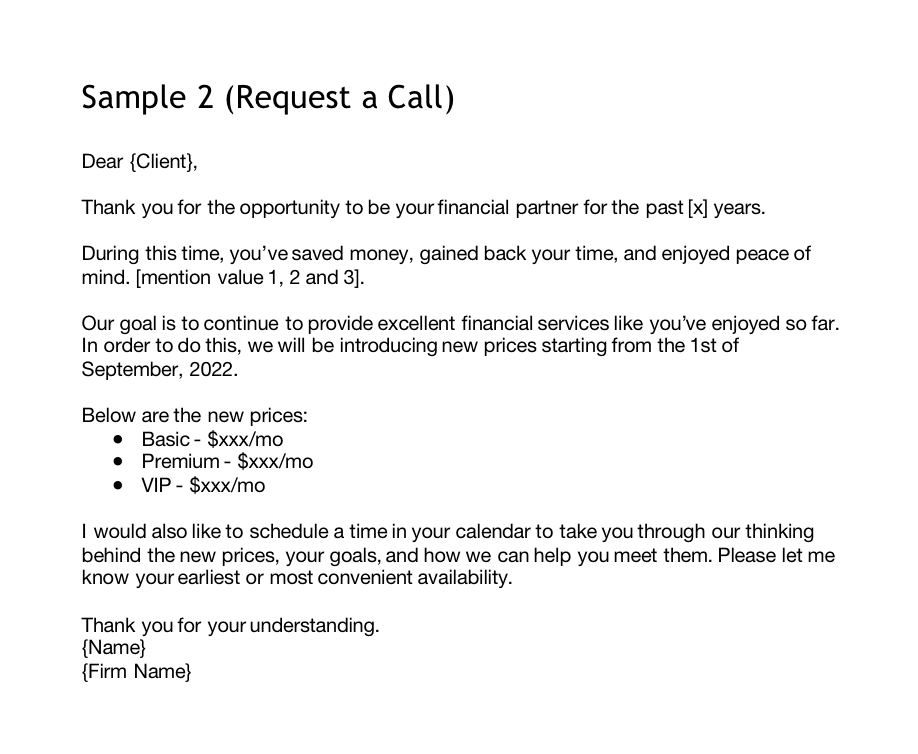 letter to request a call to discuss price increase letter