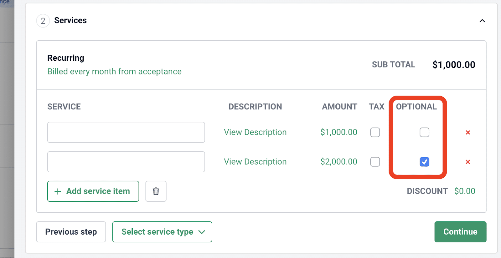 snapshot showing how to include add-on services in proposals