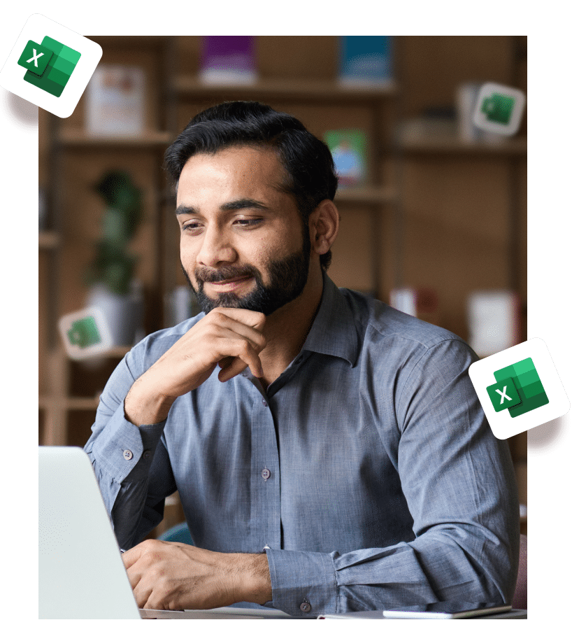 Accounting professional using a laptop with floating Excel icons, representing a template bundle created for accounting firms.