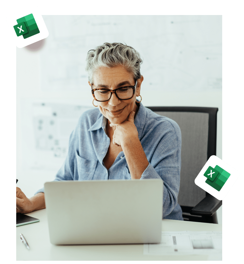 Bookkeeping professional working on a laptop with Excel icons, illustrating a template bundle designed for bookkeeping firms.