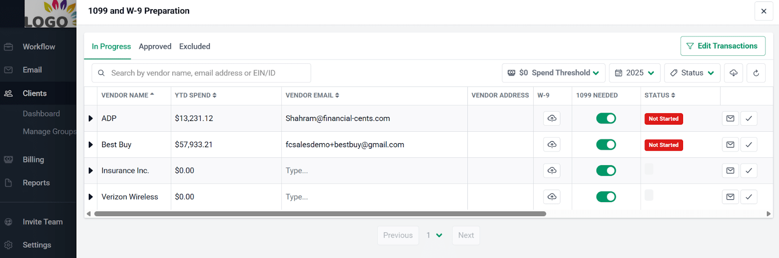 financial cents 1099 and w-9 preparation dashboard