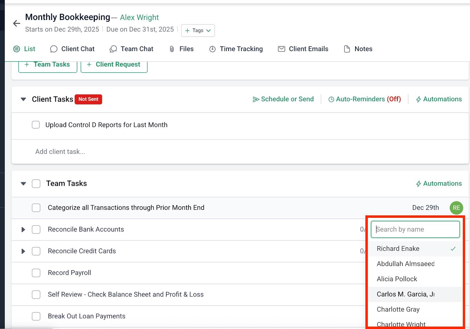 Assigning tasks to team members from a project inside Financial Cents