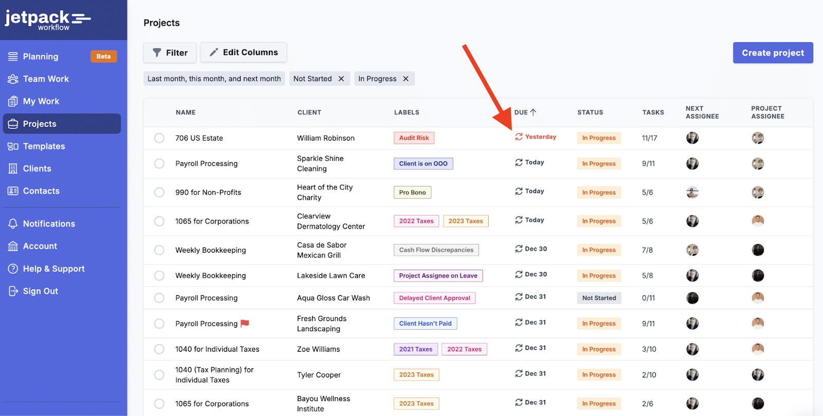 Jetpack workflow's projects dashboard with an showing due tasks