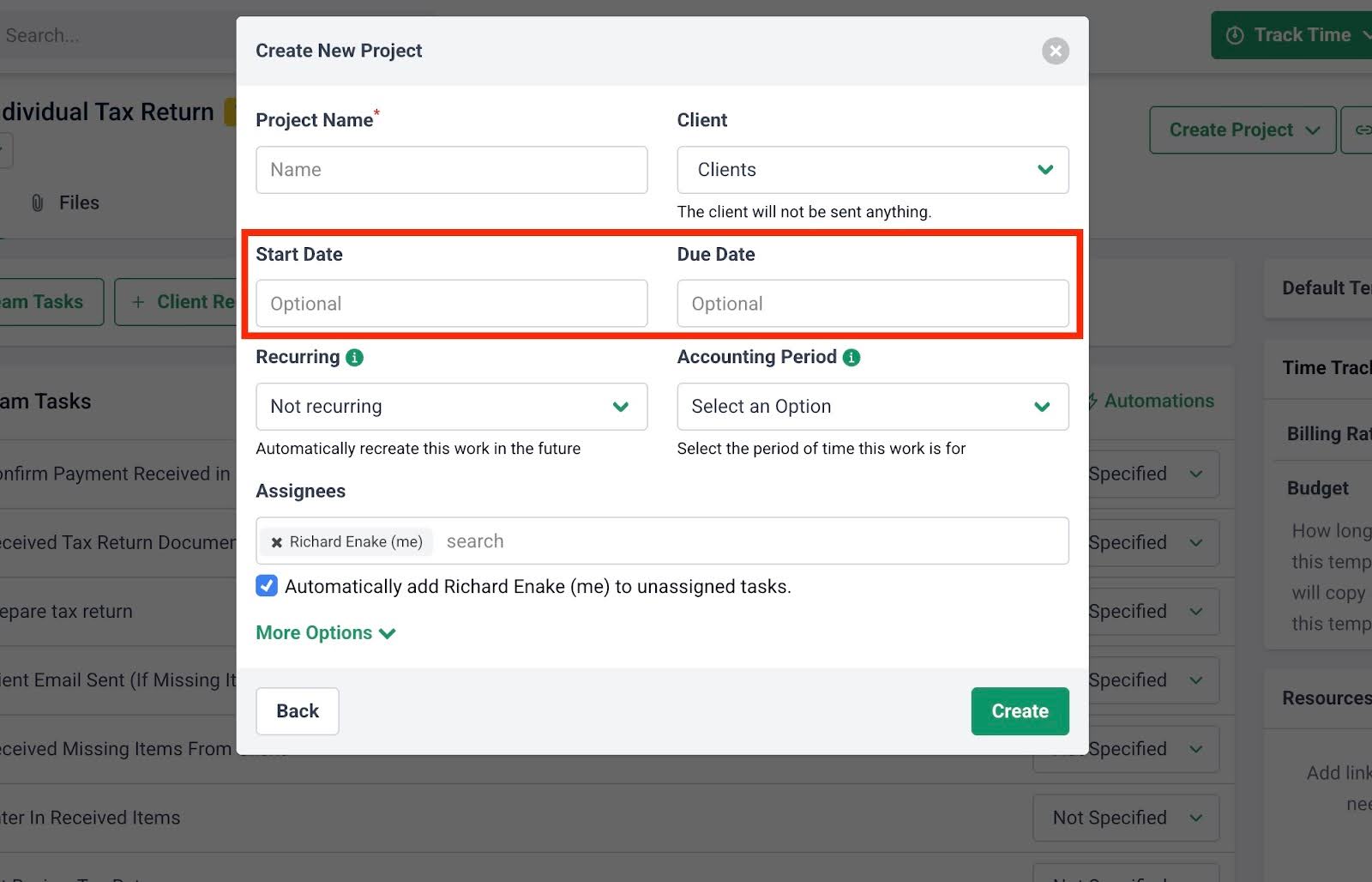 Snapshot showing how to set up due dates for projects inside Financial Cents