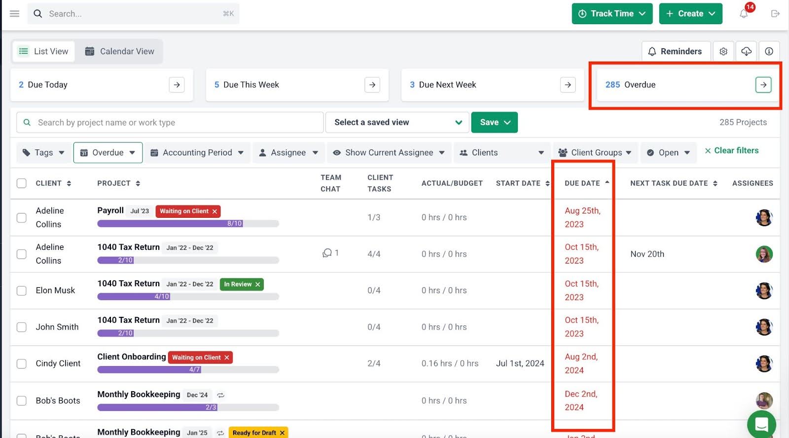 reviewing overdue tasks inside Financial Cents