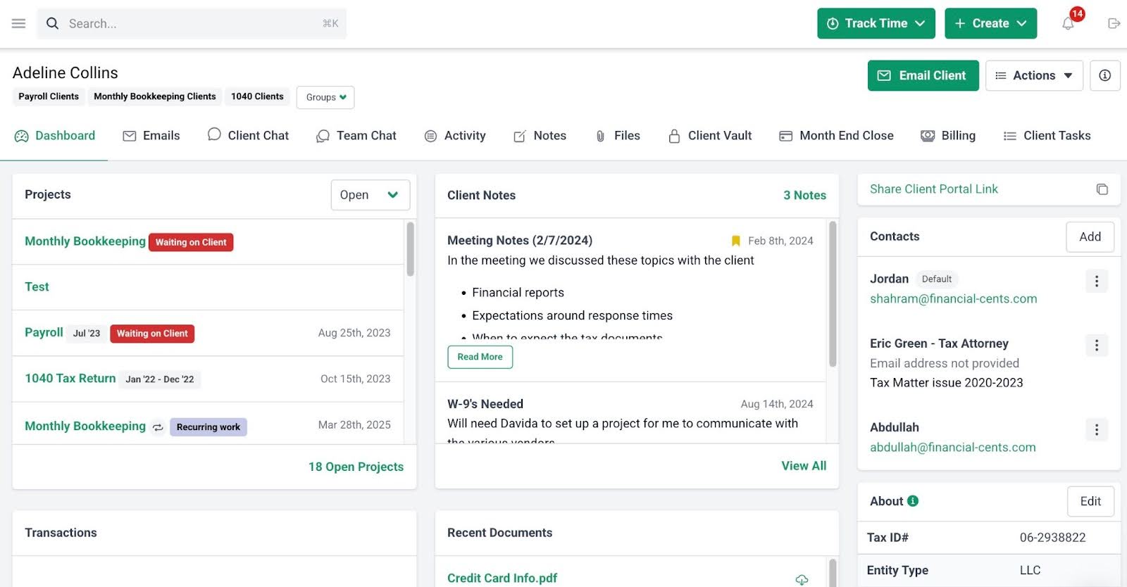client profile dashboard in Financial Cents crm