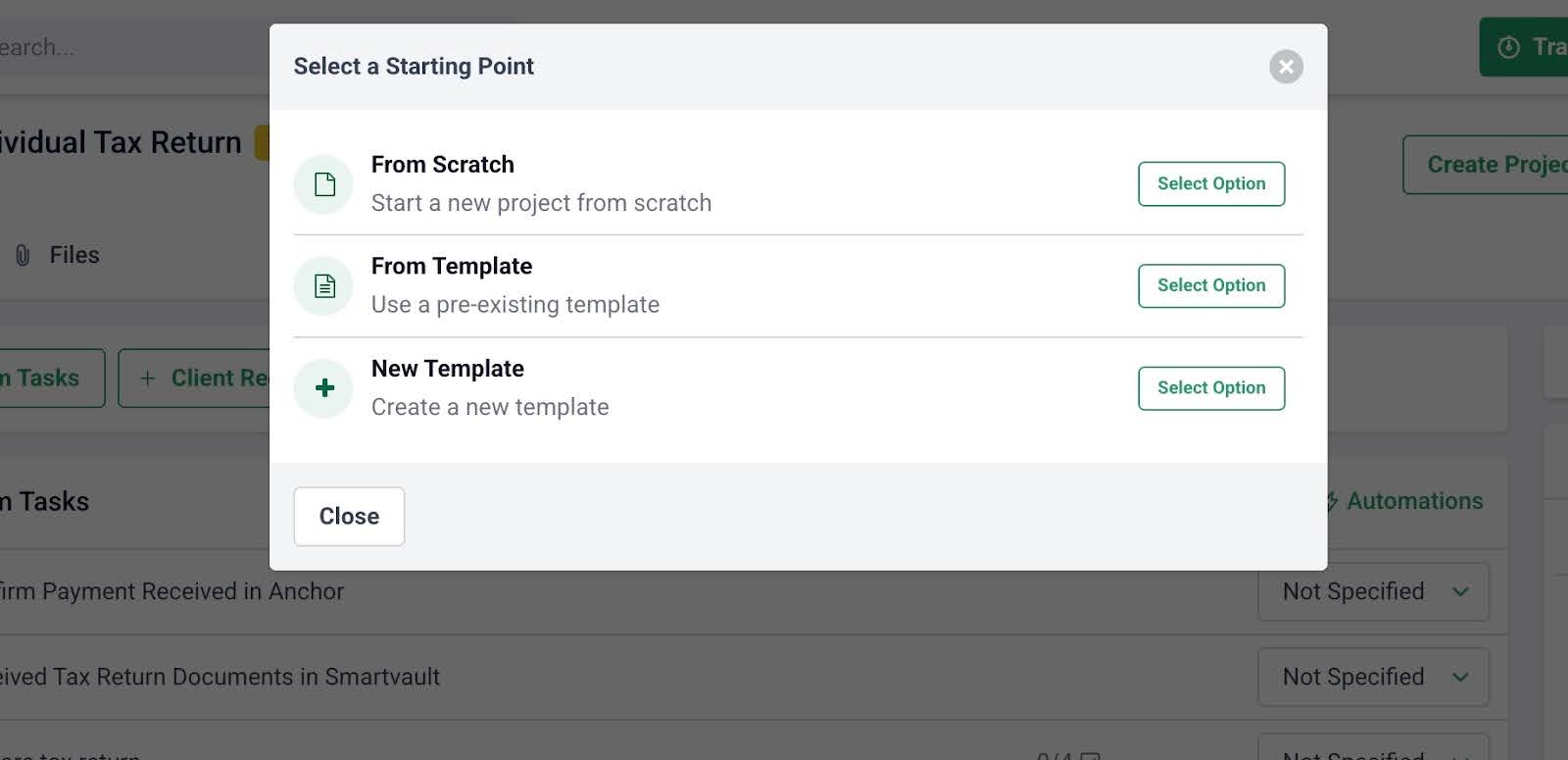 snapshot showing 3 ways to create projects in Financial Cents: From Scratch, From Template or by creating a Mew Template