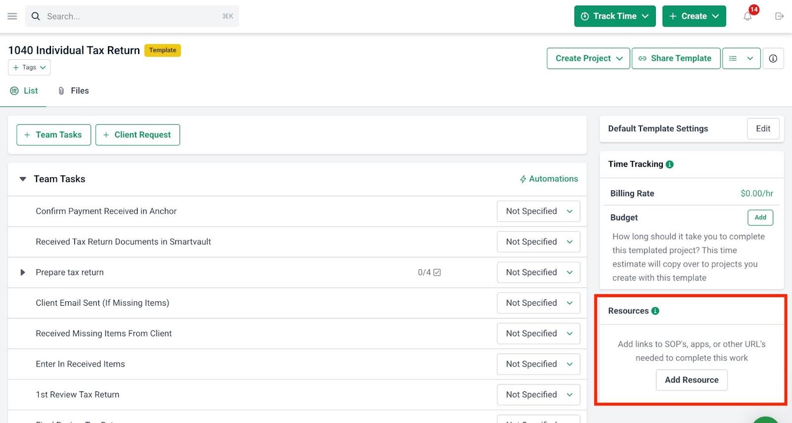 resource tab for project templates