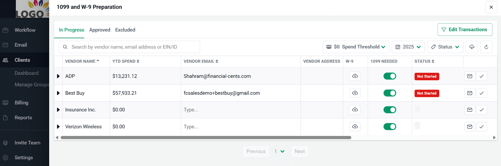 screenshot of Financial Cents 1099 and W-9 preparation dashboard