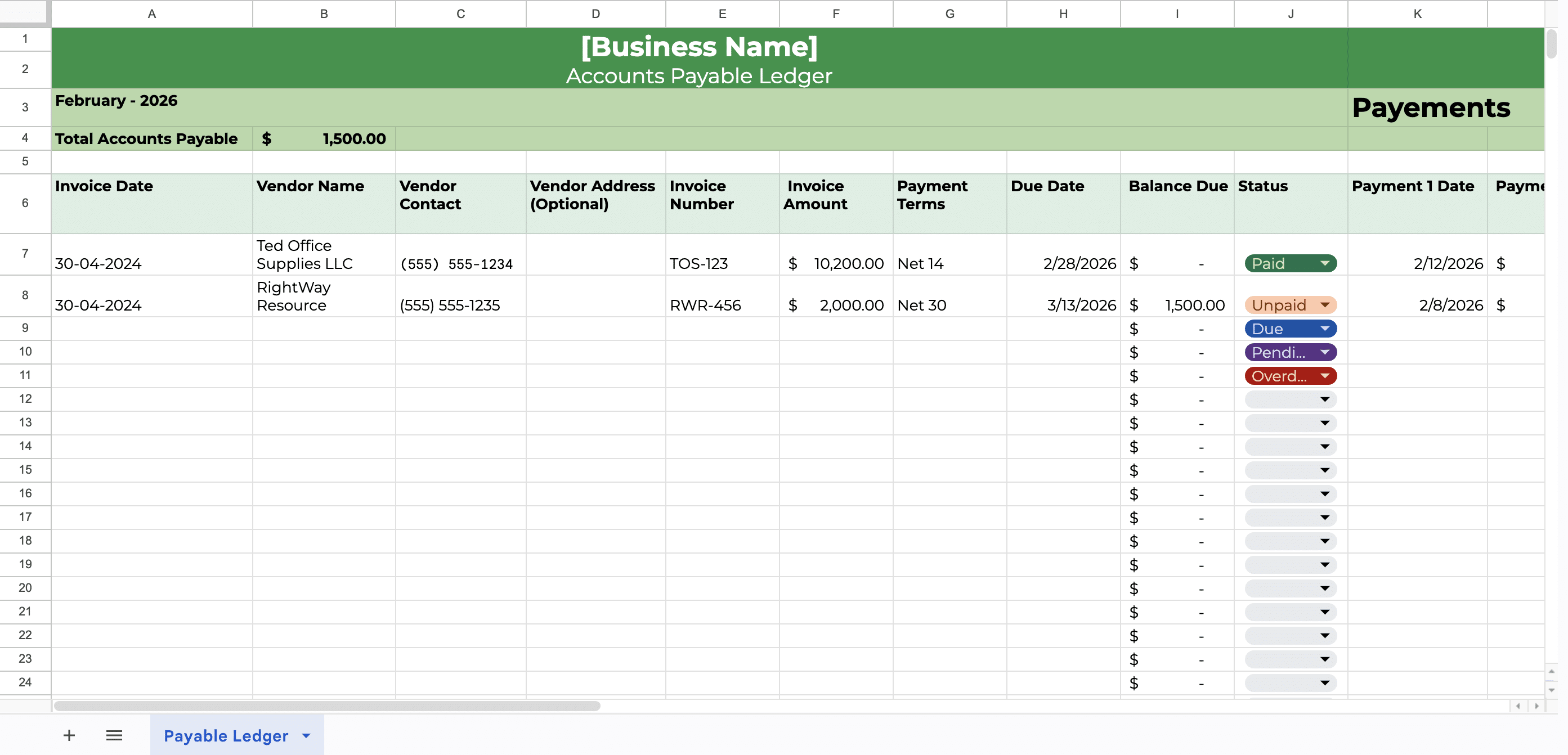 snapshot of an accounts payable ledger template excel sample