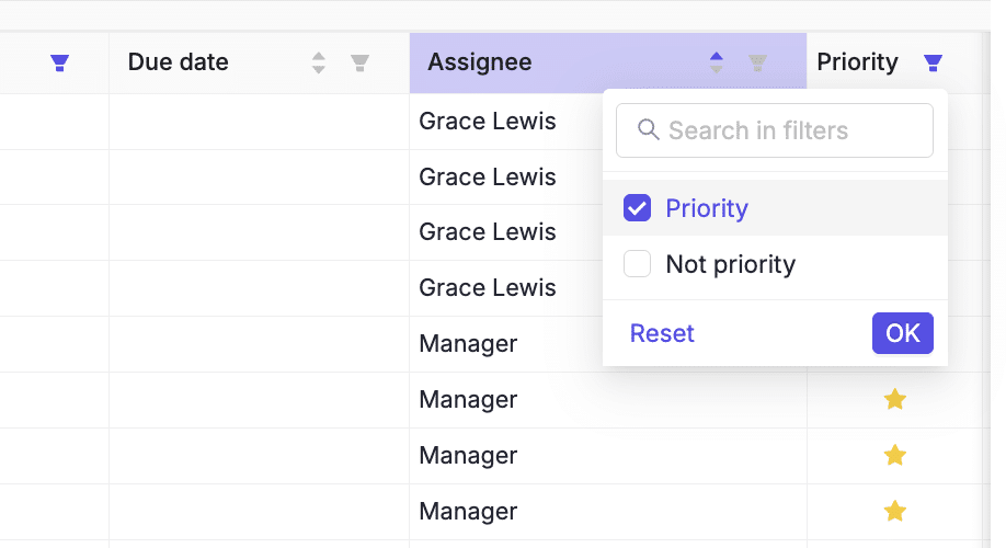 Double's dashboard filters for managing work and priority