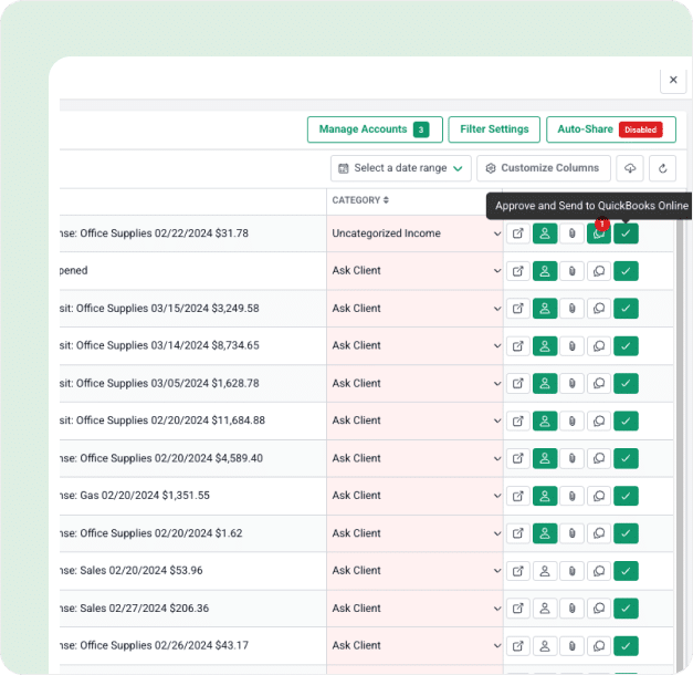 Financial Cents month end close transaction review screen with uncategorized income, client queries, and QuickBooks Online approval options