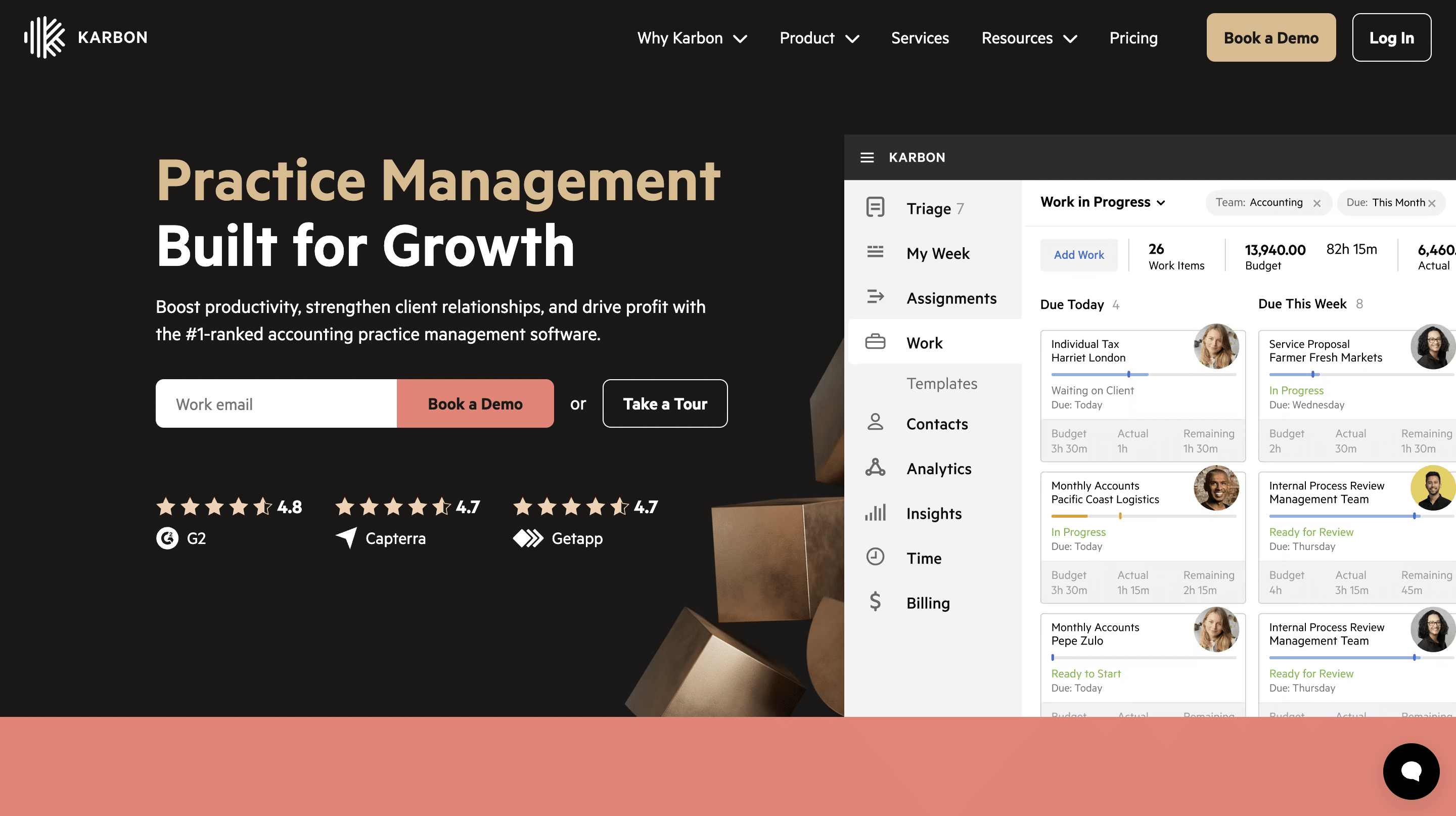 a snapshot of Karbon practice management homepage