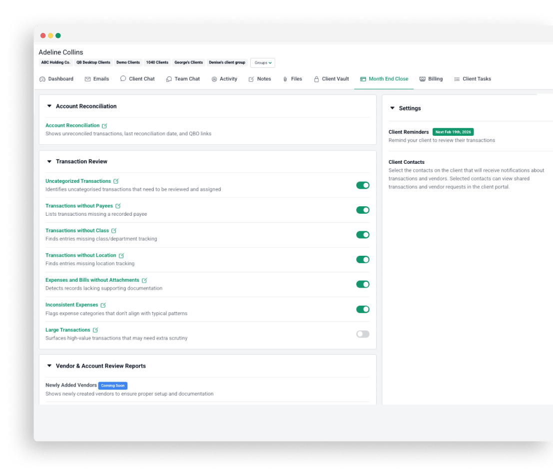 Financial Cents Month End Close dashboard with account reconciliation, transaction review, error checks, and client reminders for faster monthly close.