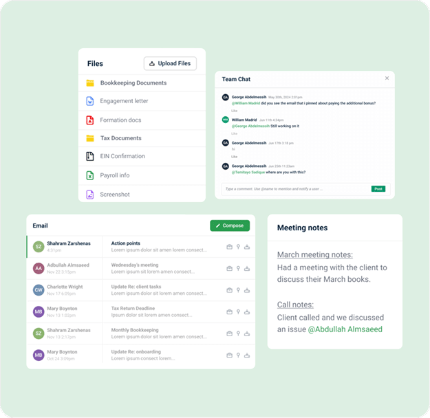 Financial Cents workspace showing file storage, team chat, email inbox, and meeting notes for managing client communication and documents