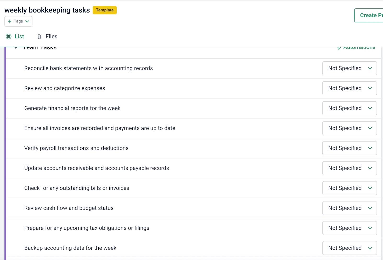 snapshot of a weekly bookkeeping tasks template in Financial Cents