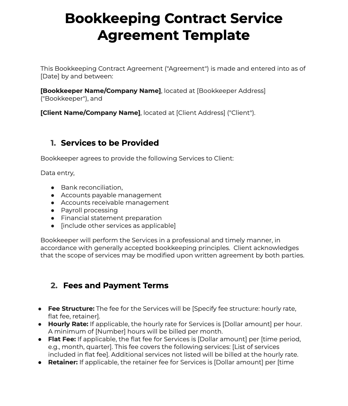 snapshot of a bookkeeping contract services agreement template