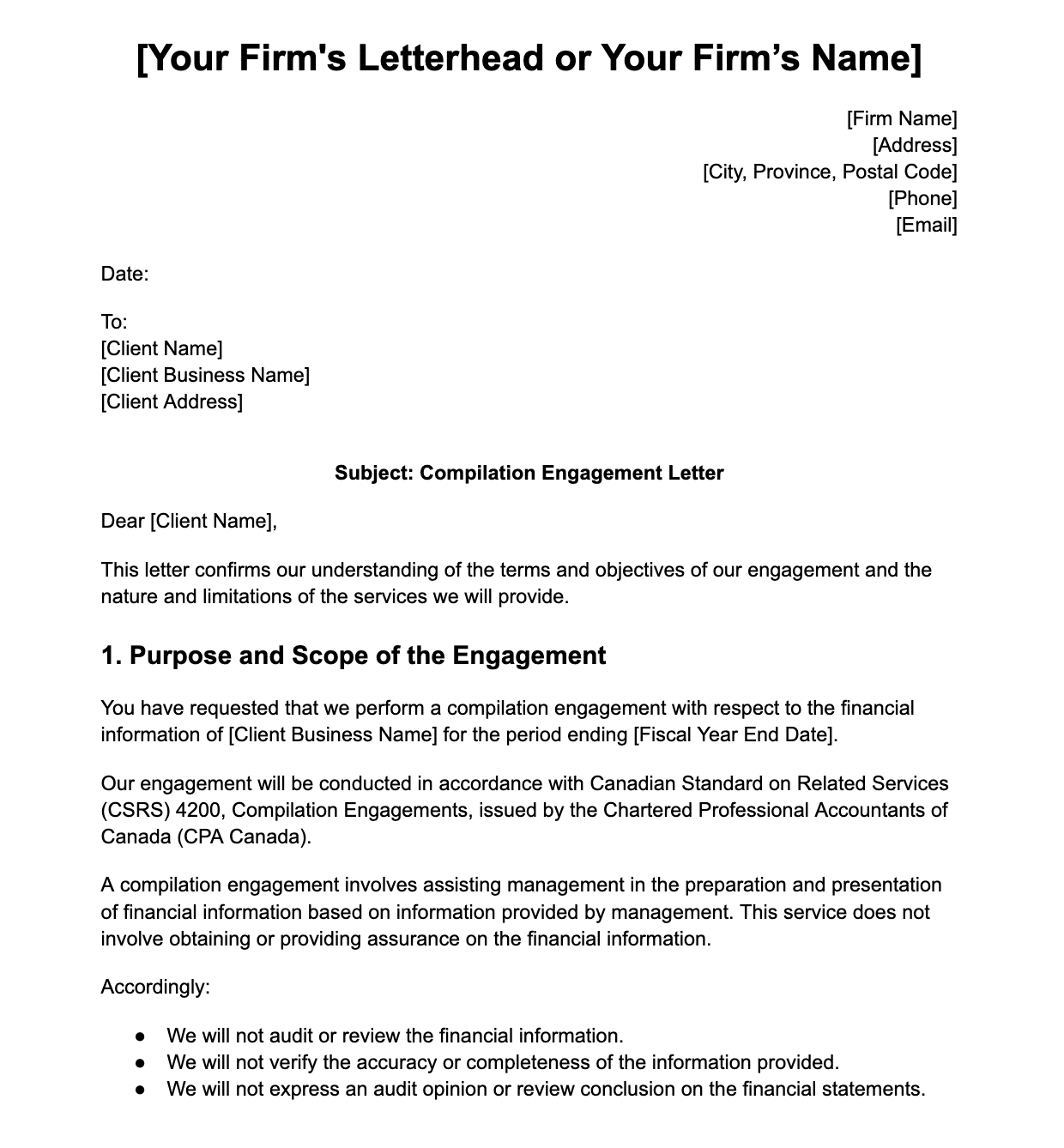 example for compilation engagement letter template