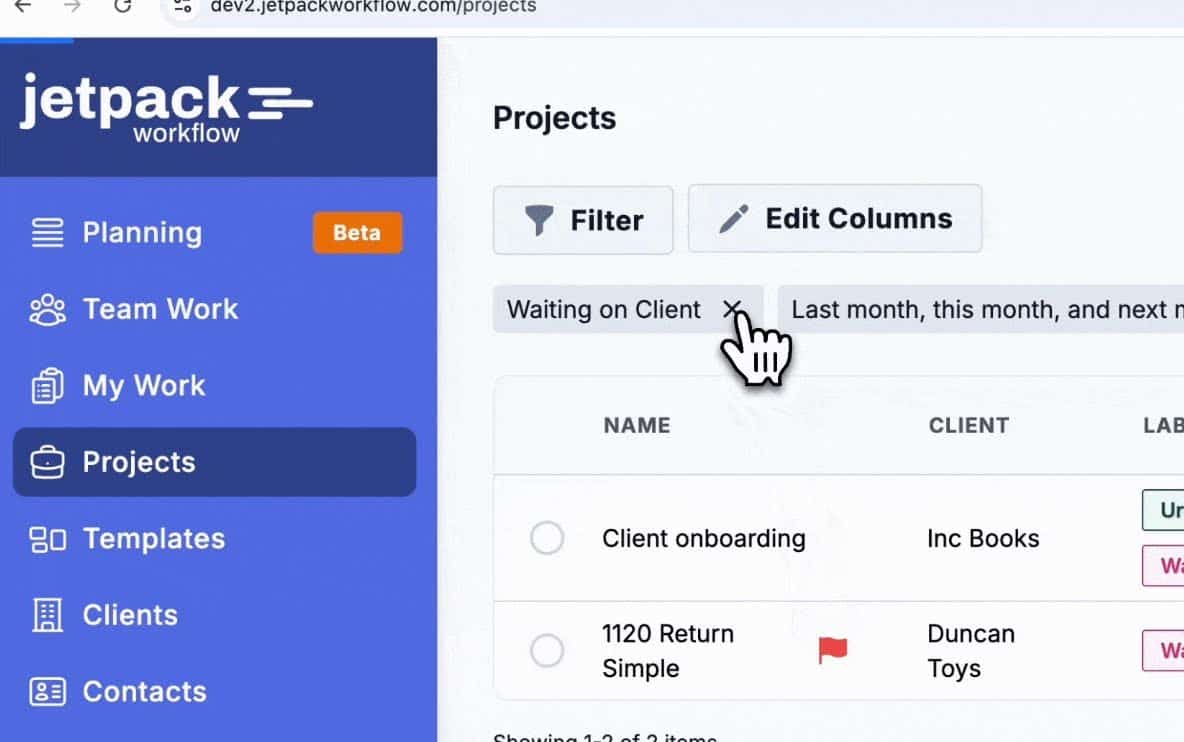 project status filters in Jetpack workflow