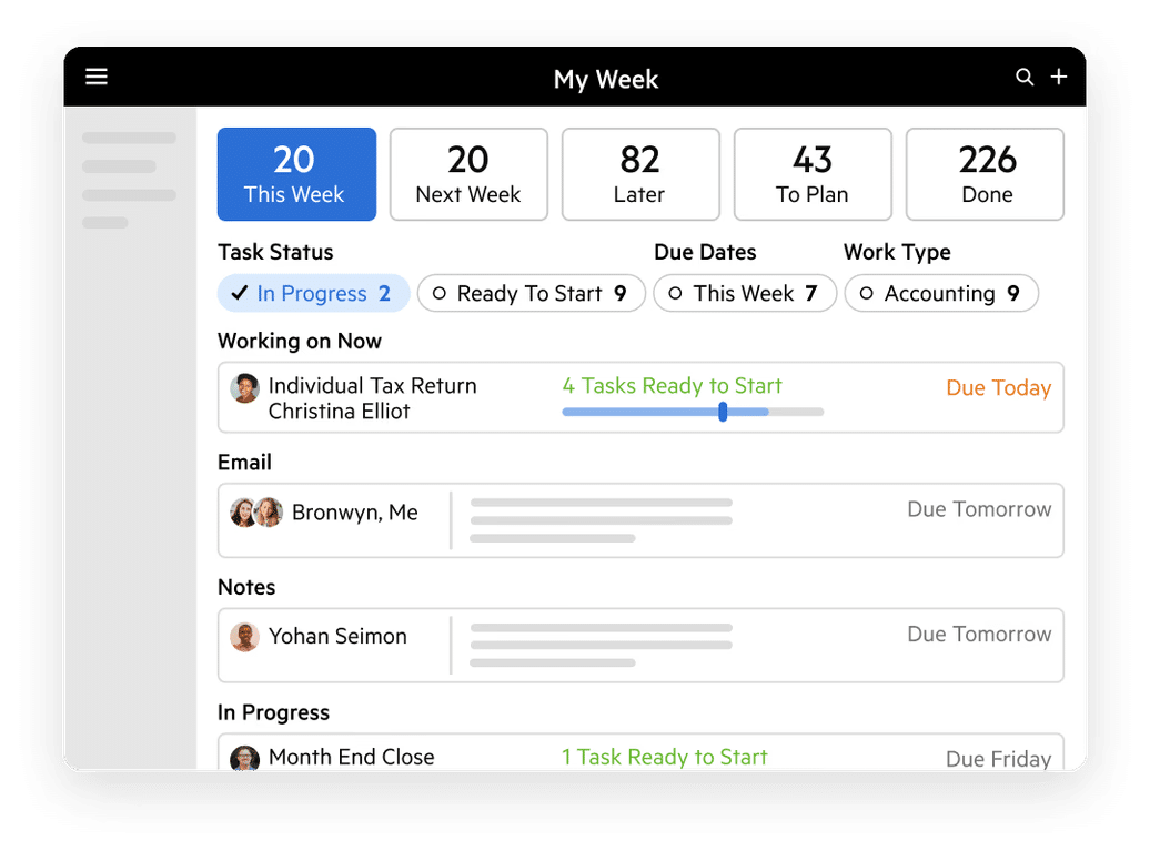 my week workflow dashboard in Karbon