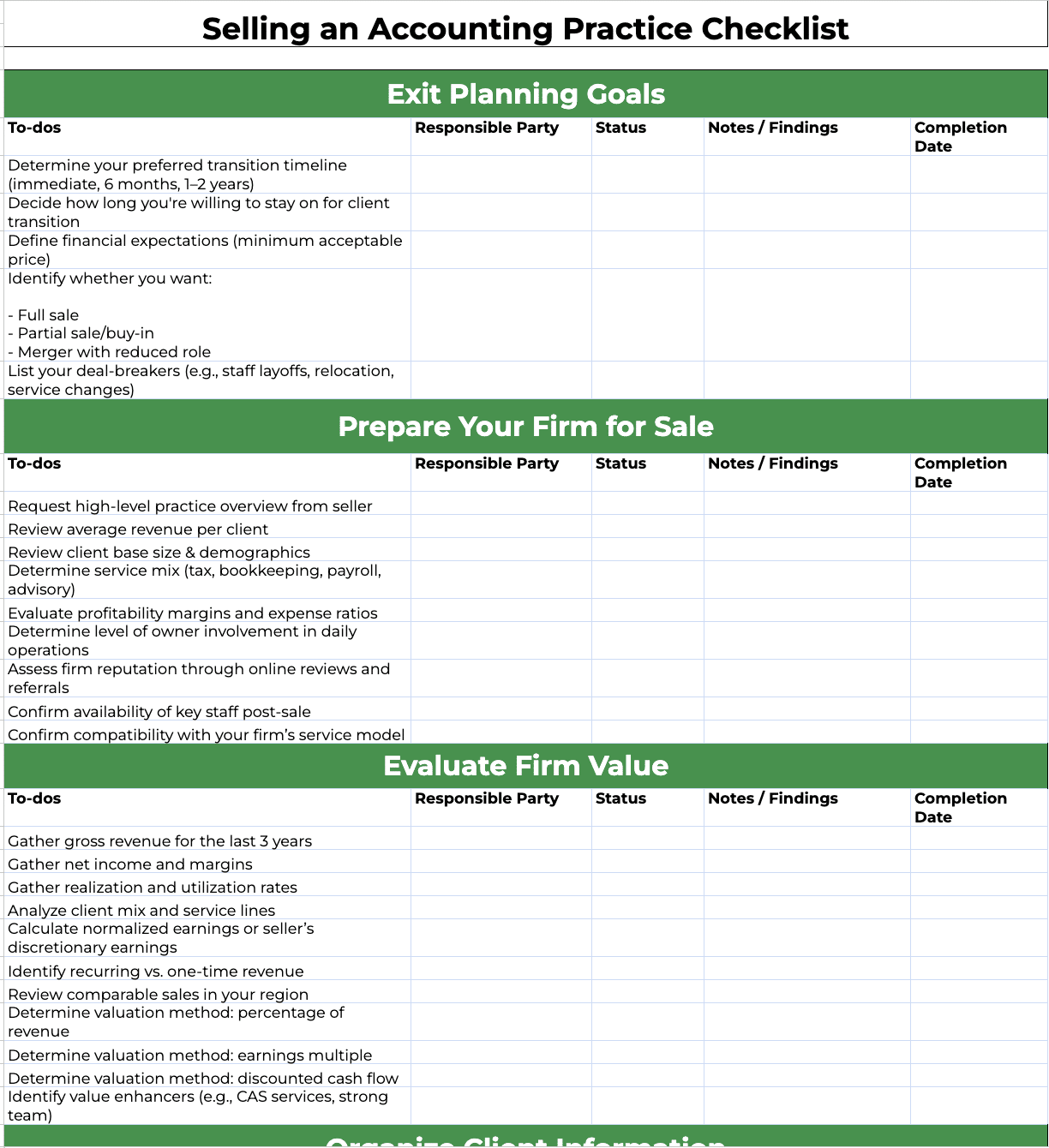selling an accounting practice checklist