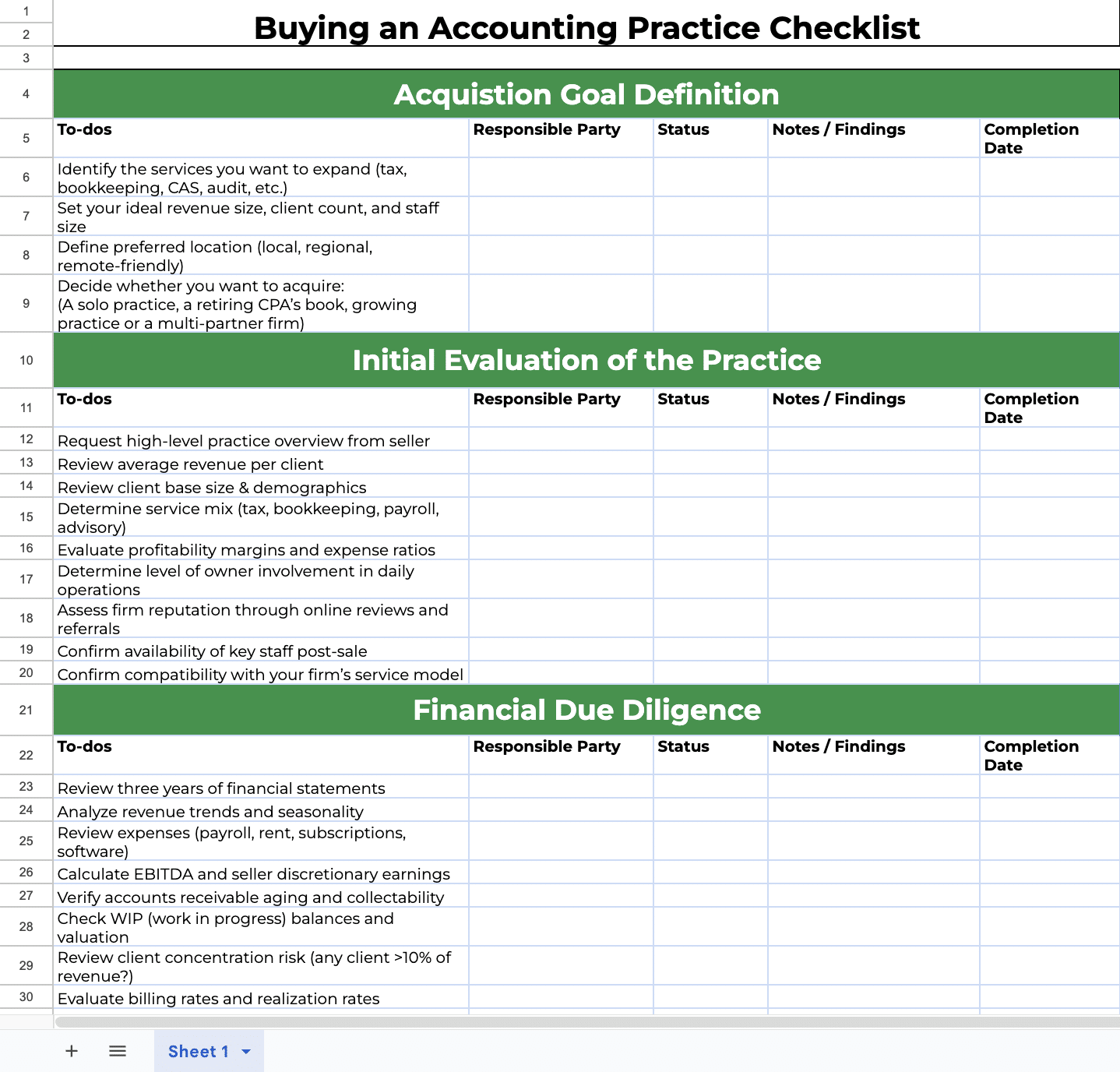 snapshot of the free checklist for buying an accounting practice