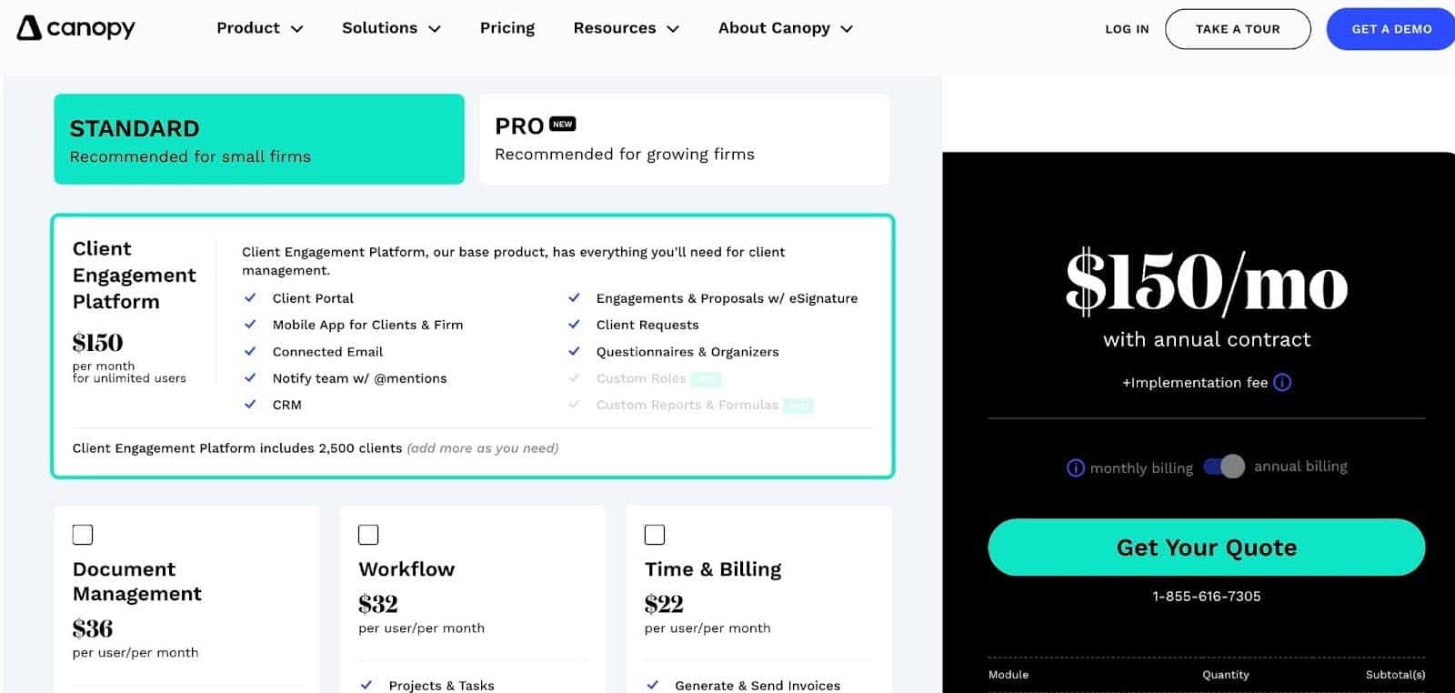 a snapshot of canopy's pricing page
