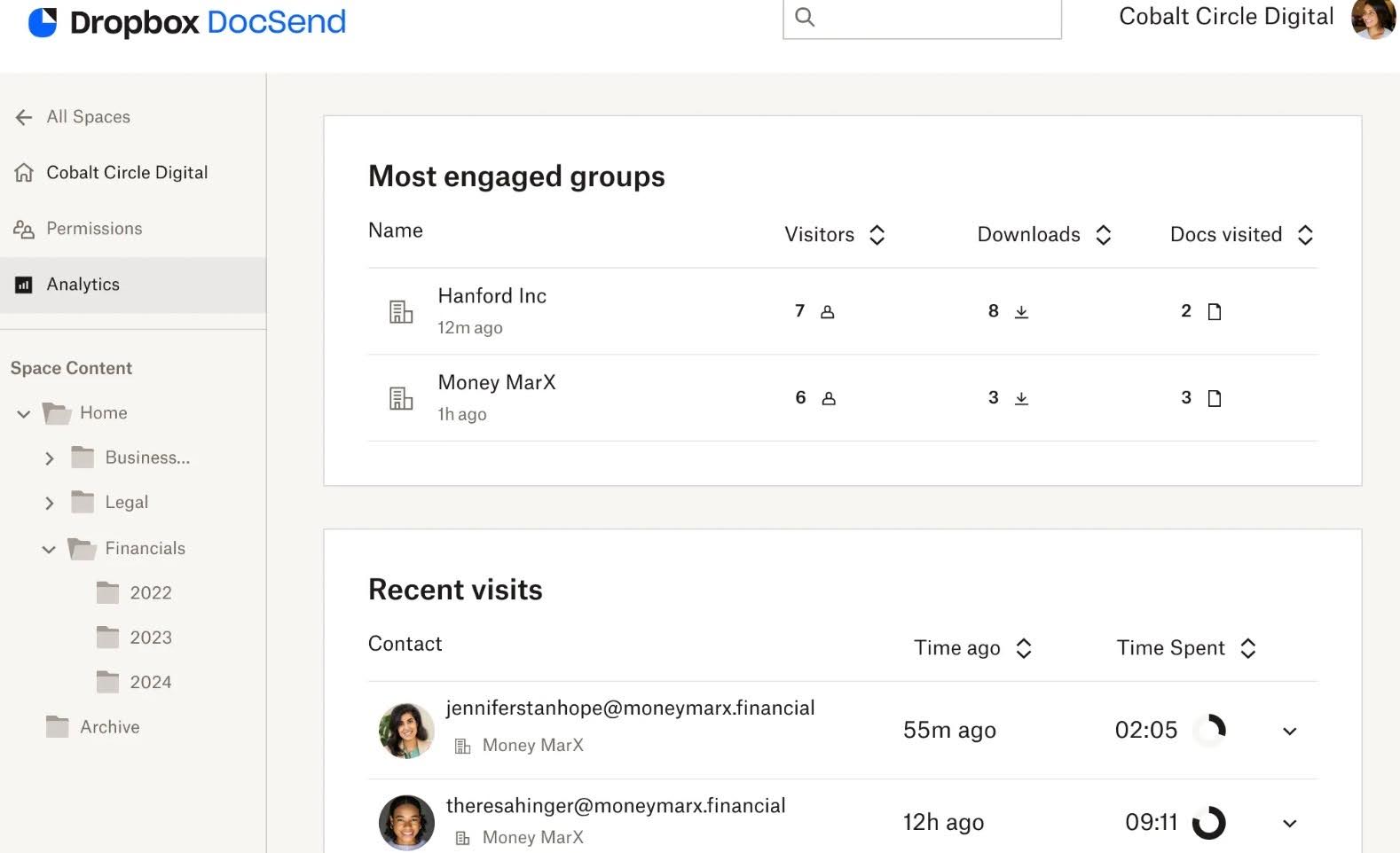 Dopbox DocSend dashboard