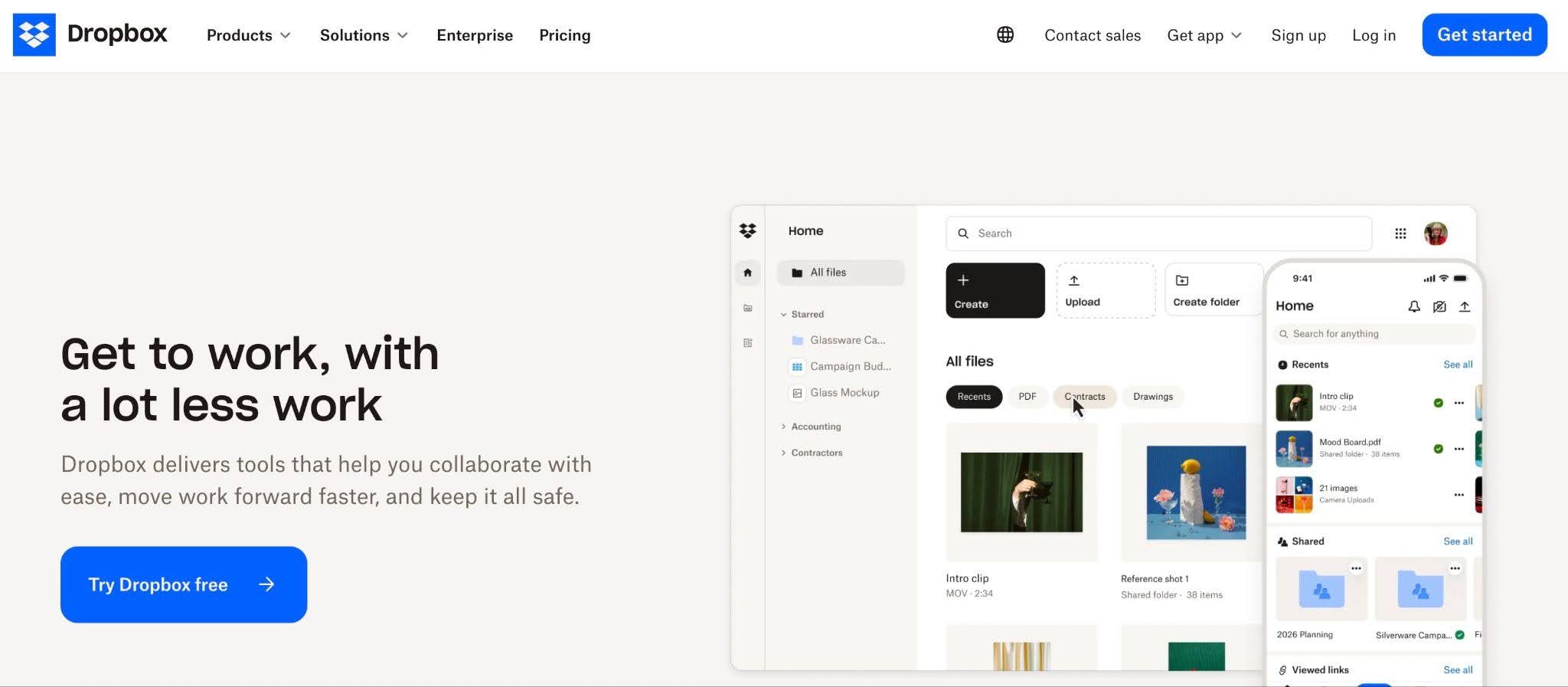 A snapshot of dropbox's homepage