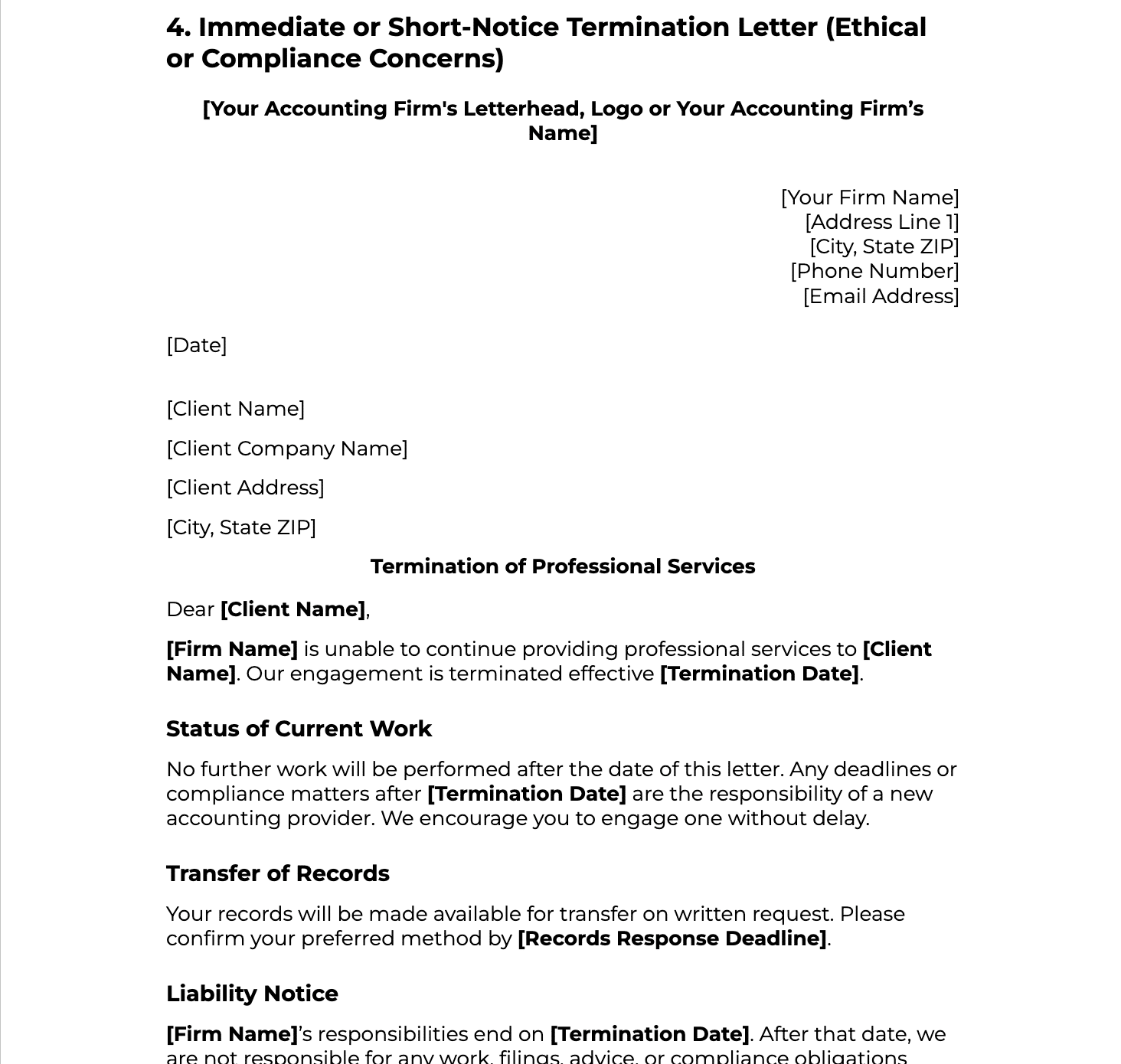 accounting immediate or short-notice termination letter template