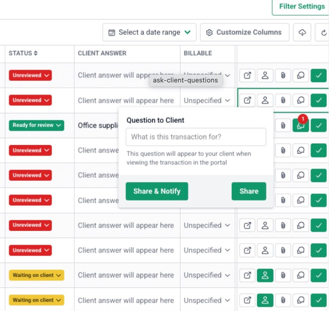 Asking clients to confirm uncategorized transactions in the Month End Close tool