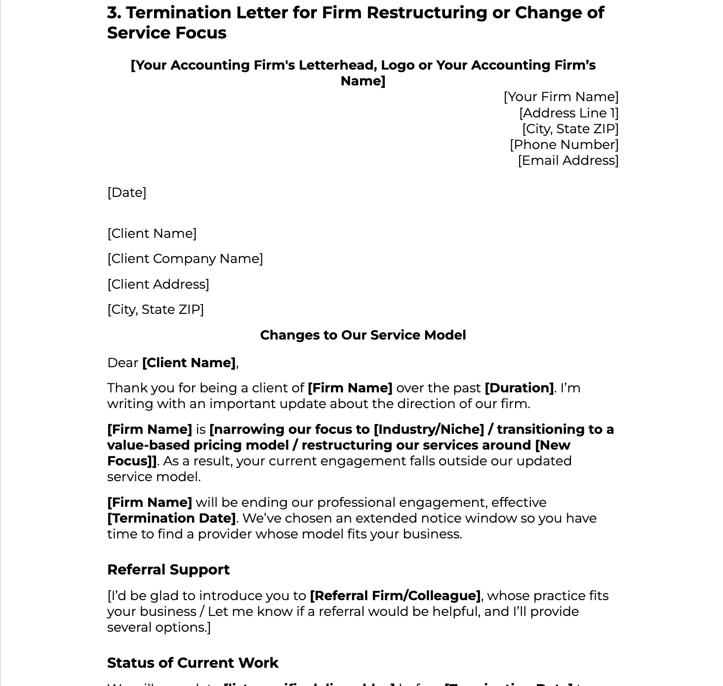 restructuring or change of service focus termination letter sample for accounting firms