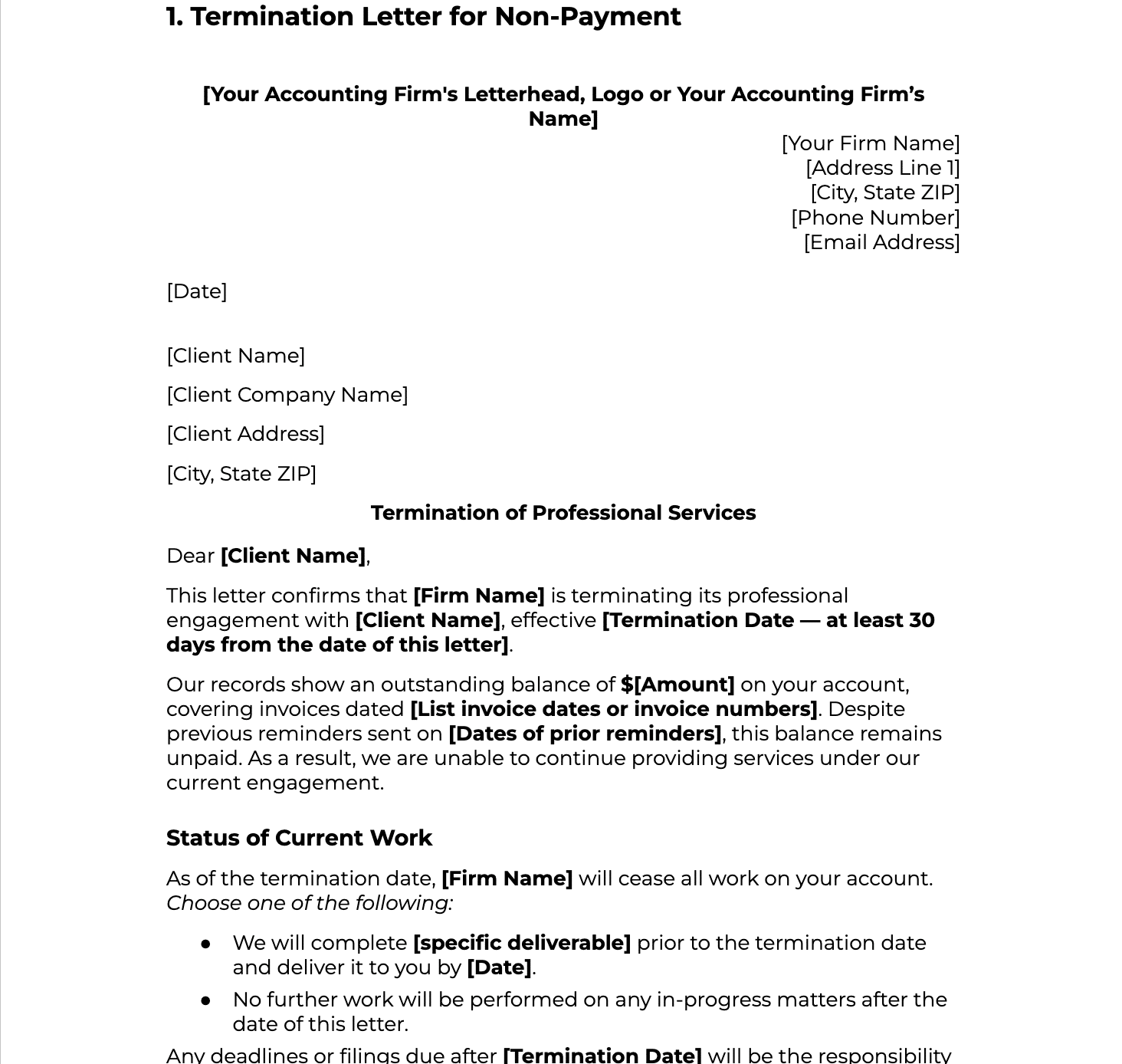 Non-payment accounting client termination letter sample