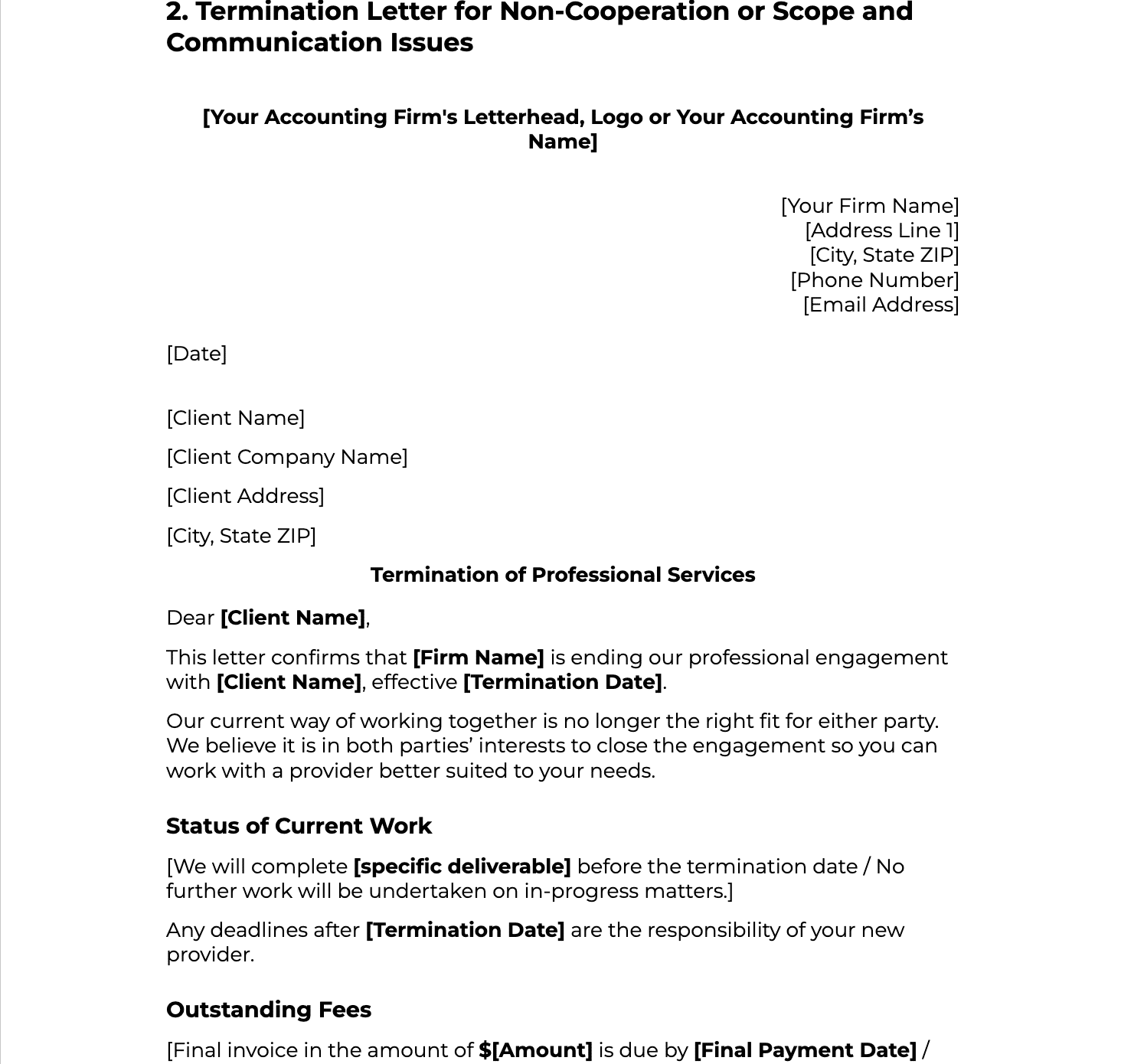 sample of accountant client termination letter for Non-cooperation or scope and communication issues