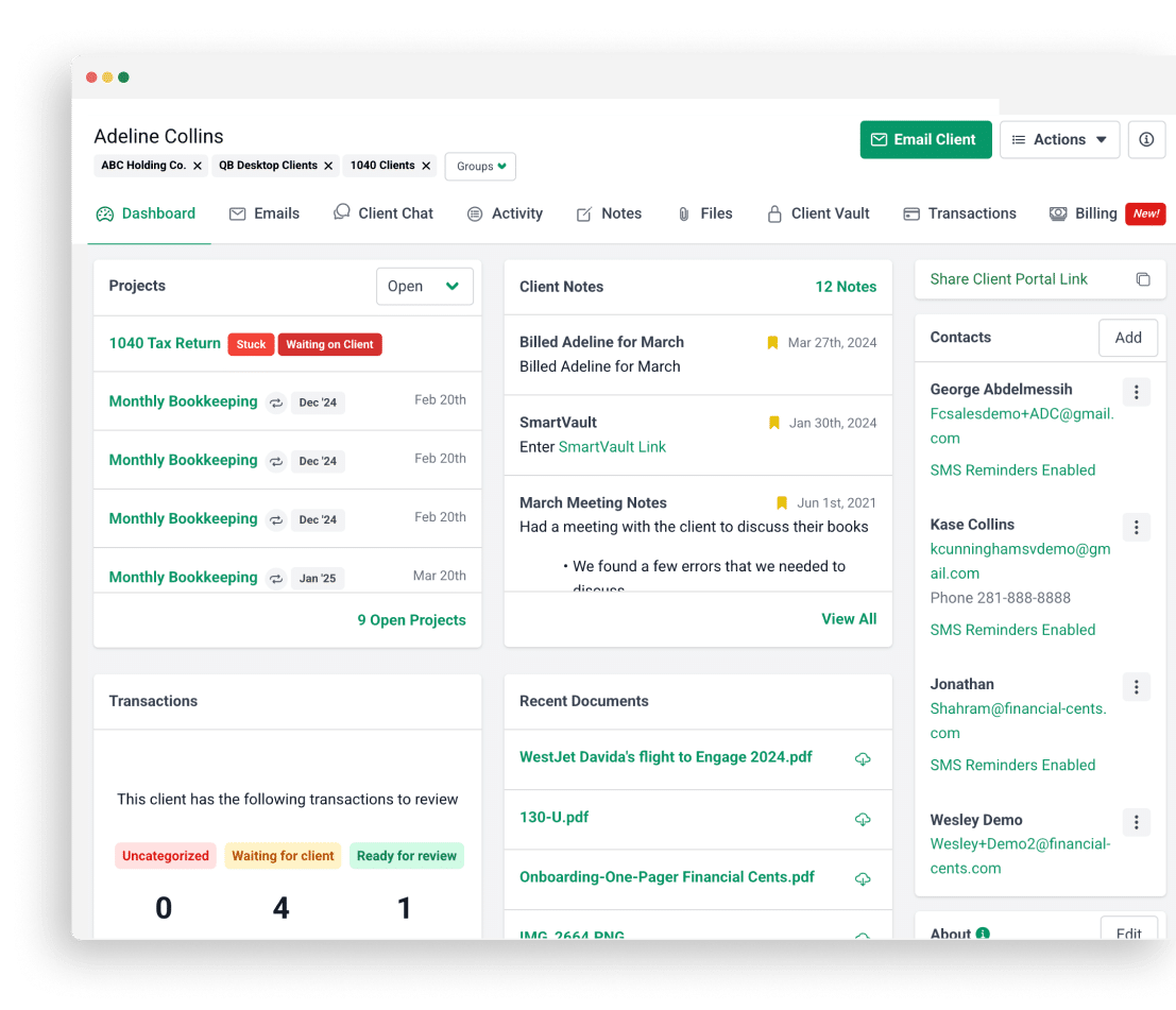 Client list view with contact names, emails, phone numbers, and QuickBooks status filters.