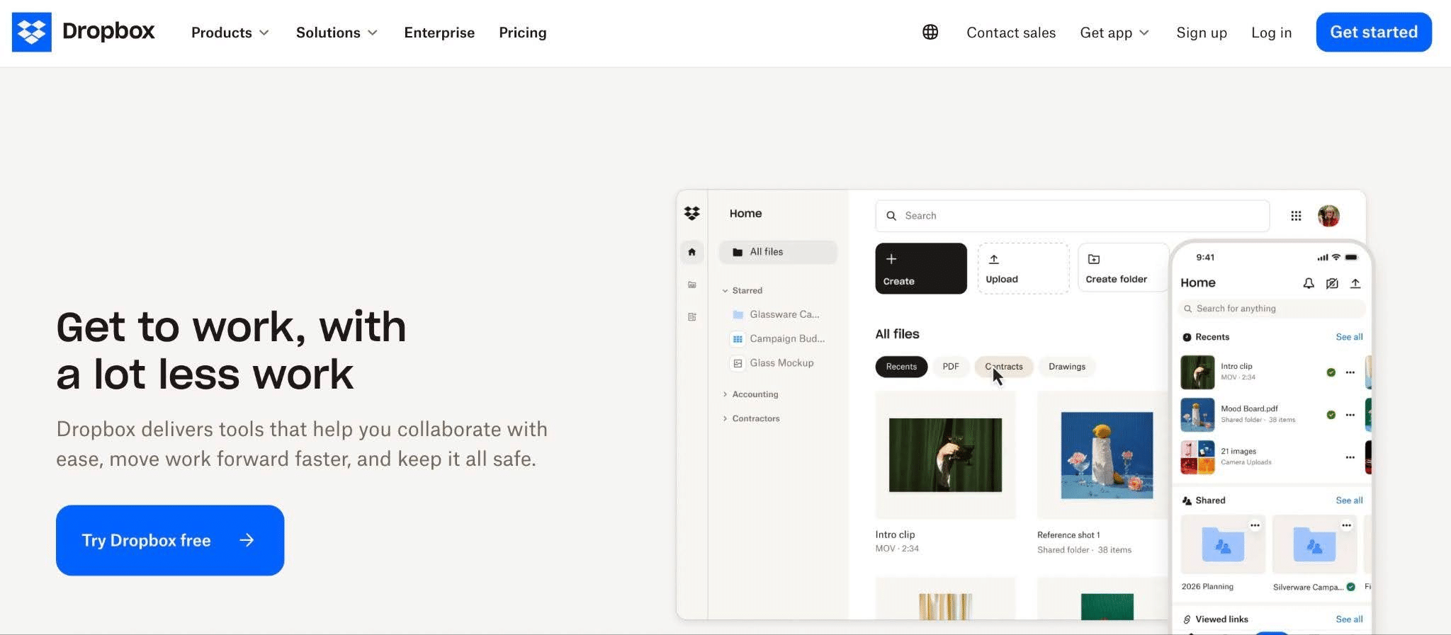 A snapshot of dropbox's homepage