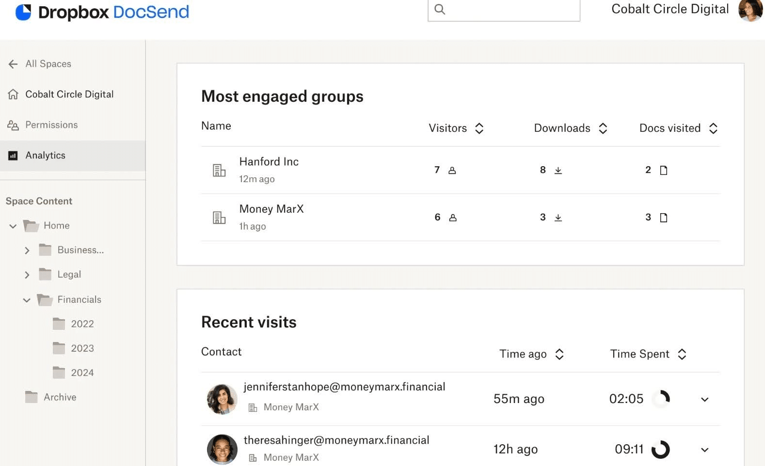 Dopbox DocSend dashboard