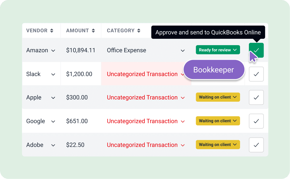 Month-end close dashboard showing transactions with categories, approval statuses, and option to review and send expenses to QuickBooks Online for bookkeeping.