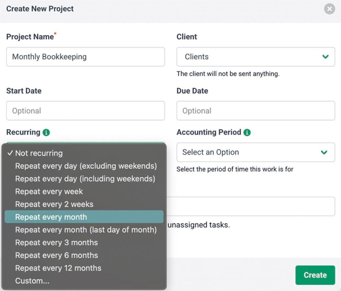 setting up projects to recur in Financial Cents