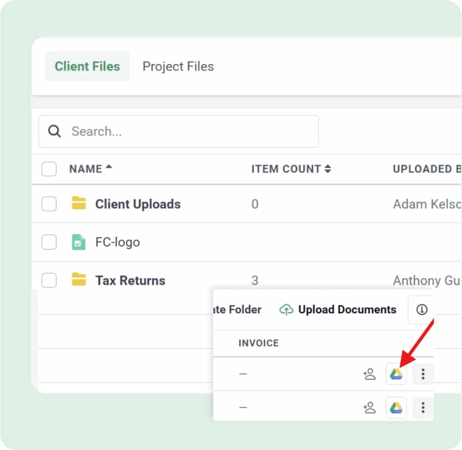 Financial Cents client files view showing folders and a Google Drive sync icon for uploading or linking documents within the integration interface.