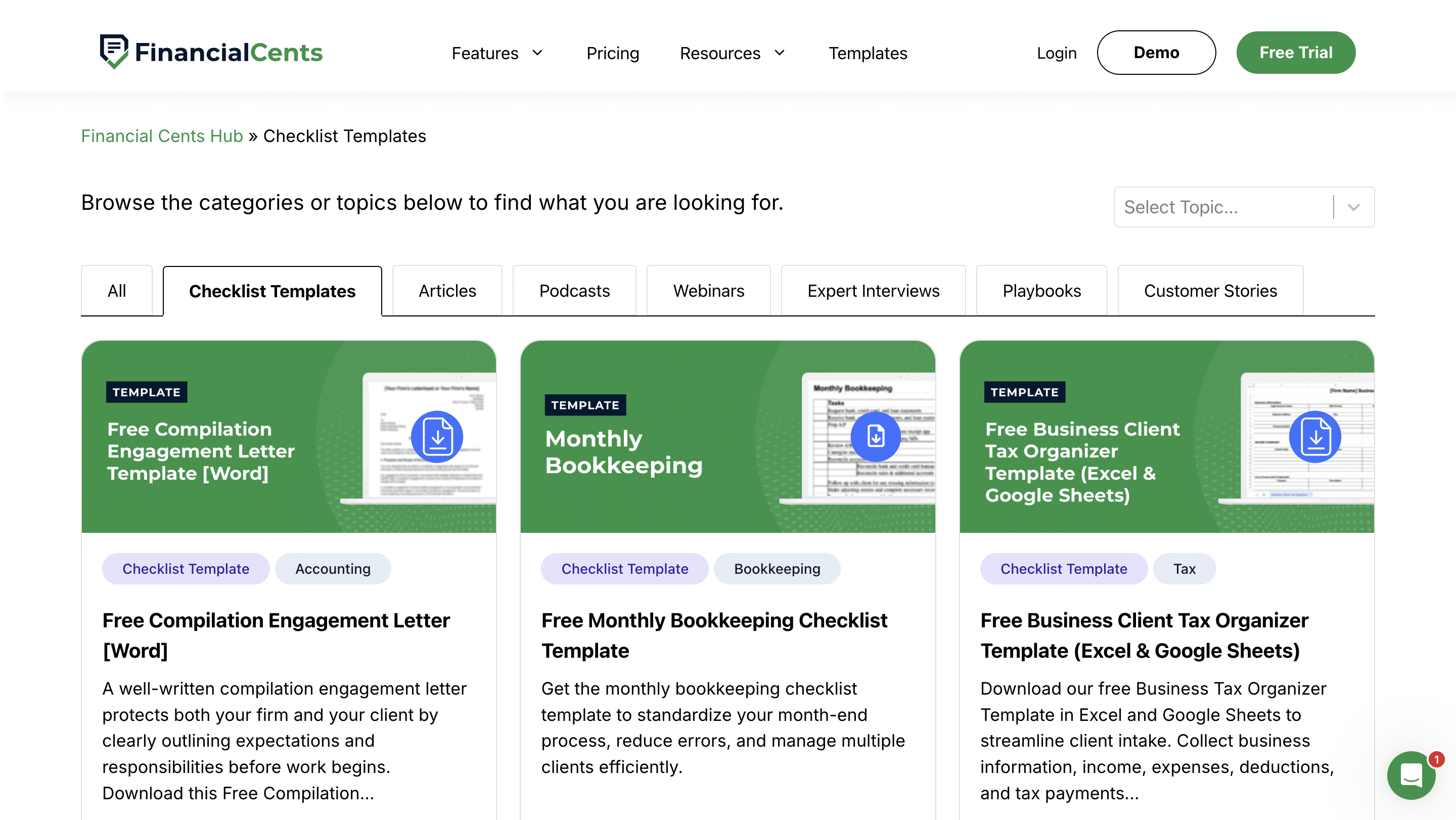 snapshot of Financial Cents workflow template library