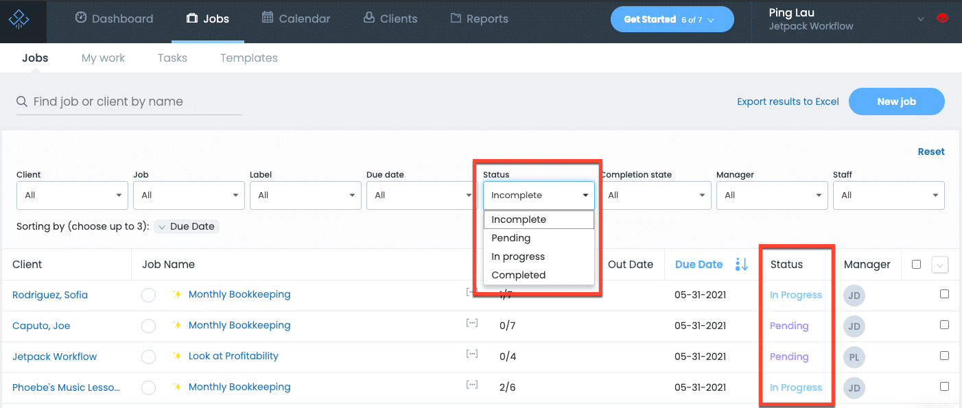 jobs workflow dashboard inside Jetpack workflow showing work statuses